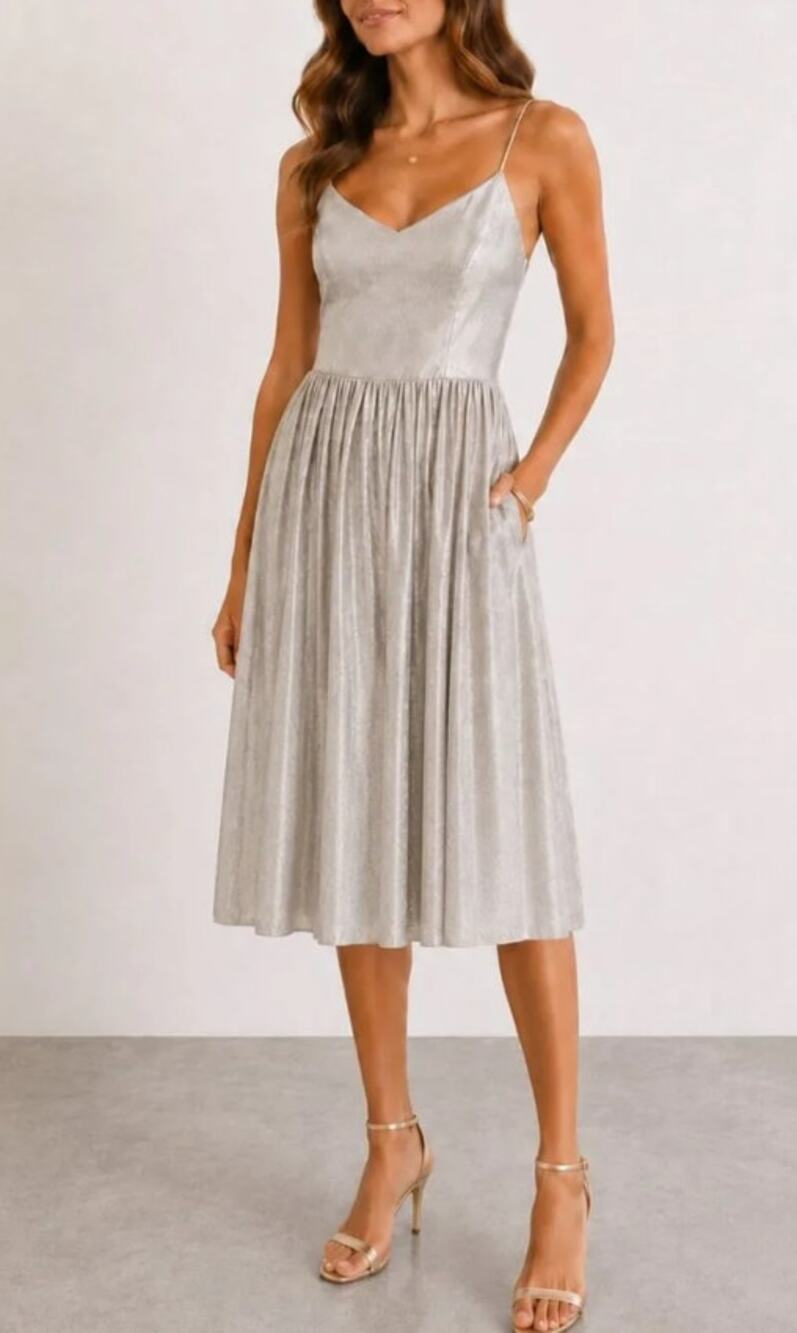 Elevenses Lunar Pleated Midi Dress Metallic Champagne Silver NWT Women's 0
